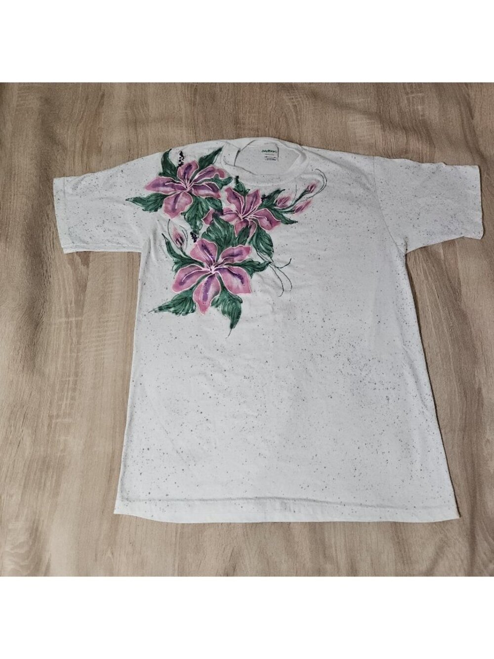 Vintage 80s Flower Glitter Nature Art Graphic T-Shirt USA - Size L Womens Retro